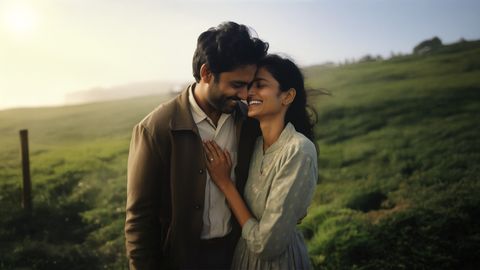 A couple embraces with closed eyes, smiling gently, against a backdrop of lush green hills and a distant coastline. The scene conveys warmth and serenity.