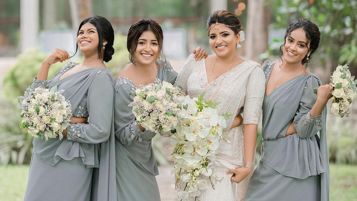 Dream wedding day! Bride with smiling bridesmaids in stunning place. Mangala Yojana 2024, Sri Lanka matrimony.
