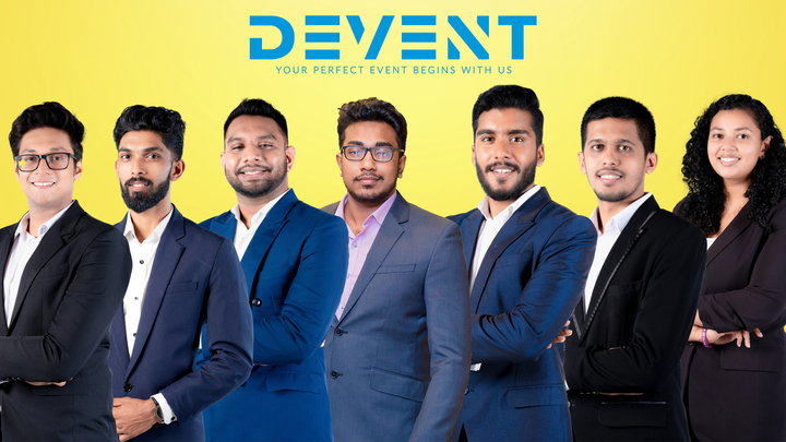 Team Devent: 7 pros in formal attire with slogan 'Your Perfect Event Begins With Us' for Sri Lankan matrimony.