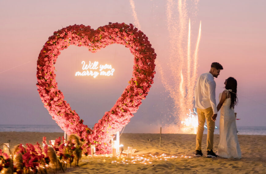Romantic beach proposal with flower arch, "Will you marry me?" sign, fireworks, Sri Lankan matrimony 2024.