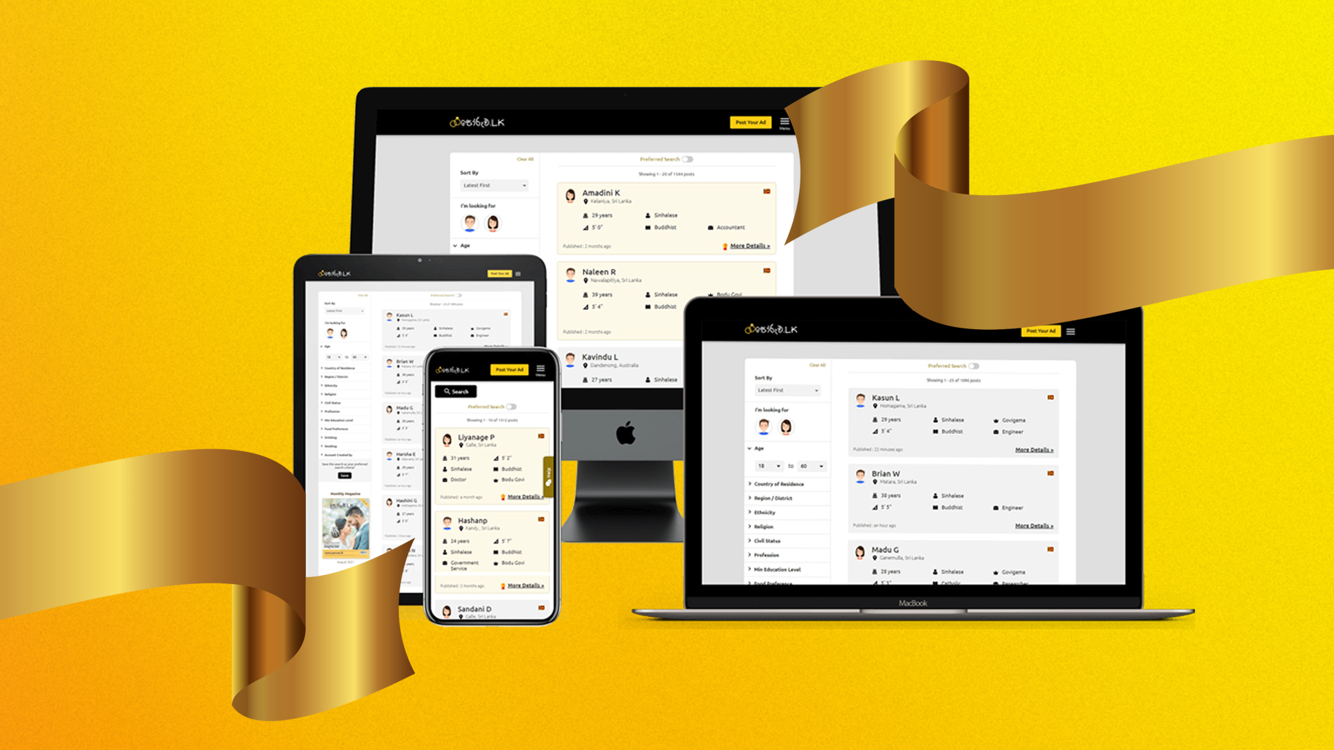 Poruwa.lk online matrimony platform displayed on various devices with a ribbon decoration around the devices