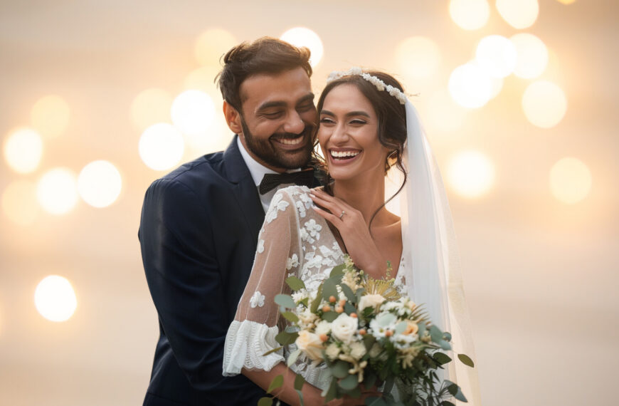 Beautiful couple on wedding day, joyful smiles, vibrant background; Sri Lankan matrimony, marriage proposal 2024.