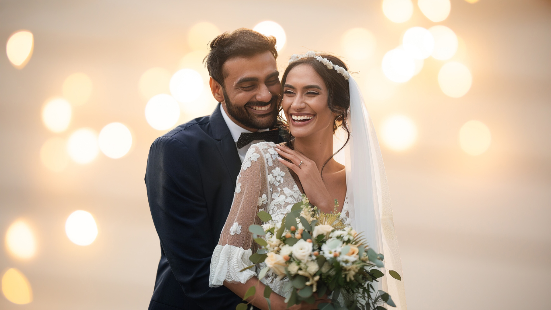 Beautiful couple on wedding day, joyful smiles, vibrant background; Sri Lankan matrimony, marriage proposal 2024.