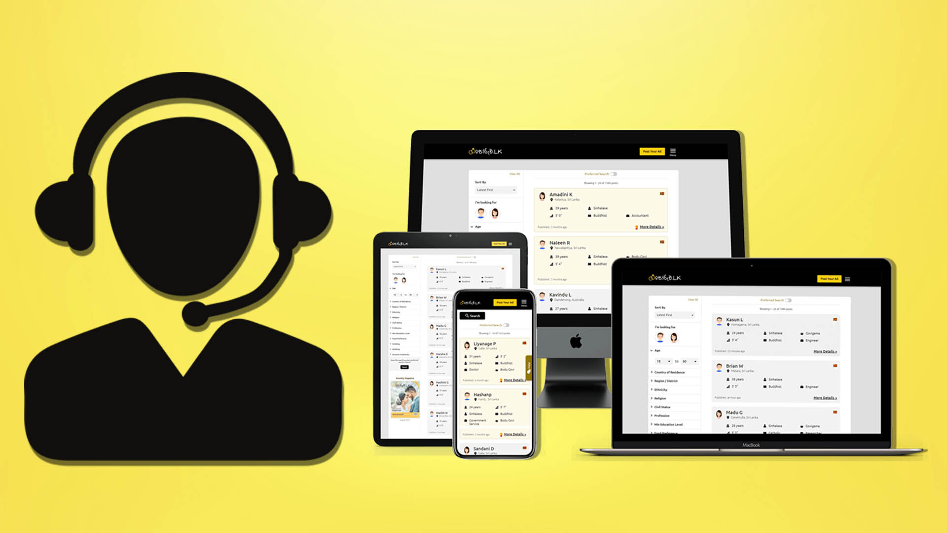 Poruwa.lk customer support available on all devices, dedicated to assisting Sri Lankan matrimony users 24/7.