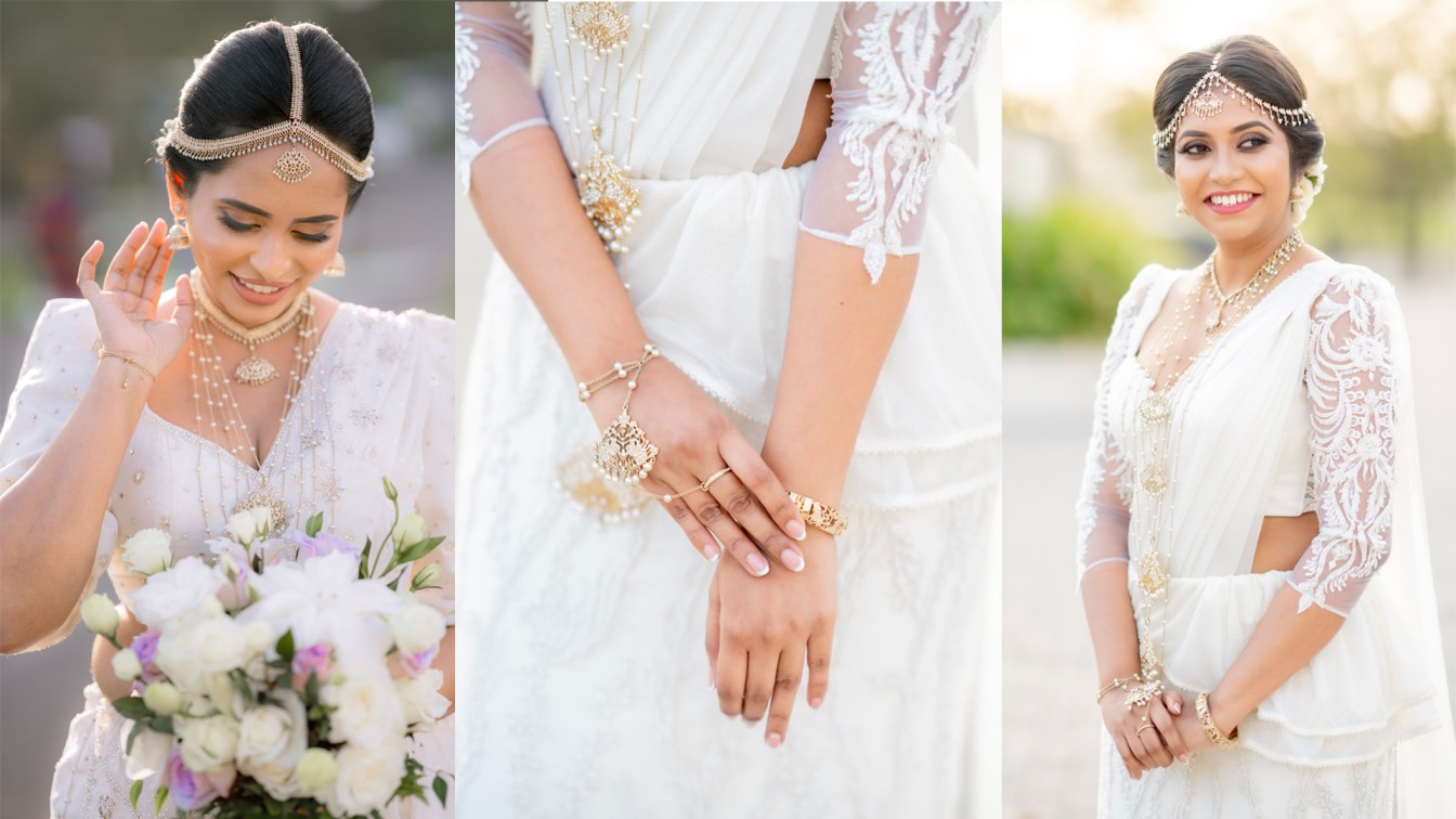 Elegant Sri Lankan bride in a white saree, showcasing intricate jewelry and a floral bouquet, glowing with happiness, featured on Poruwa.lk | ශ්‍රී ලාංකීය මංගල යෝජනා, Mangala Yojana, Sri Lanka matrimony, and top marriage proposals in Sri Lanka.