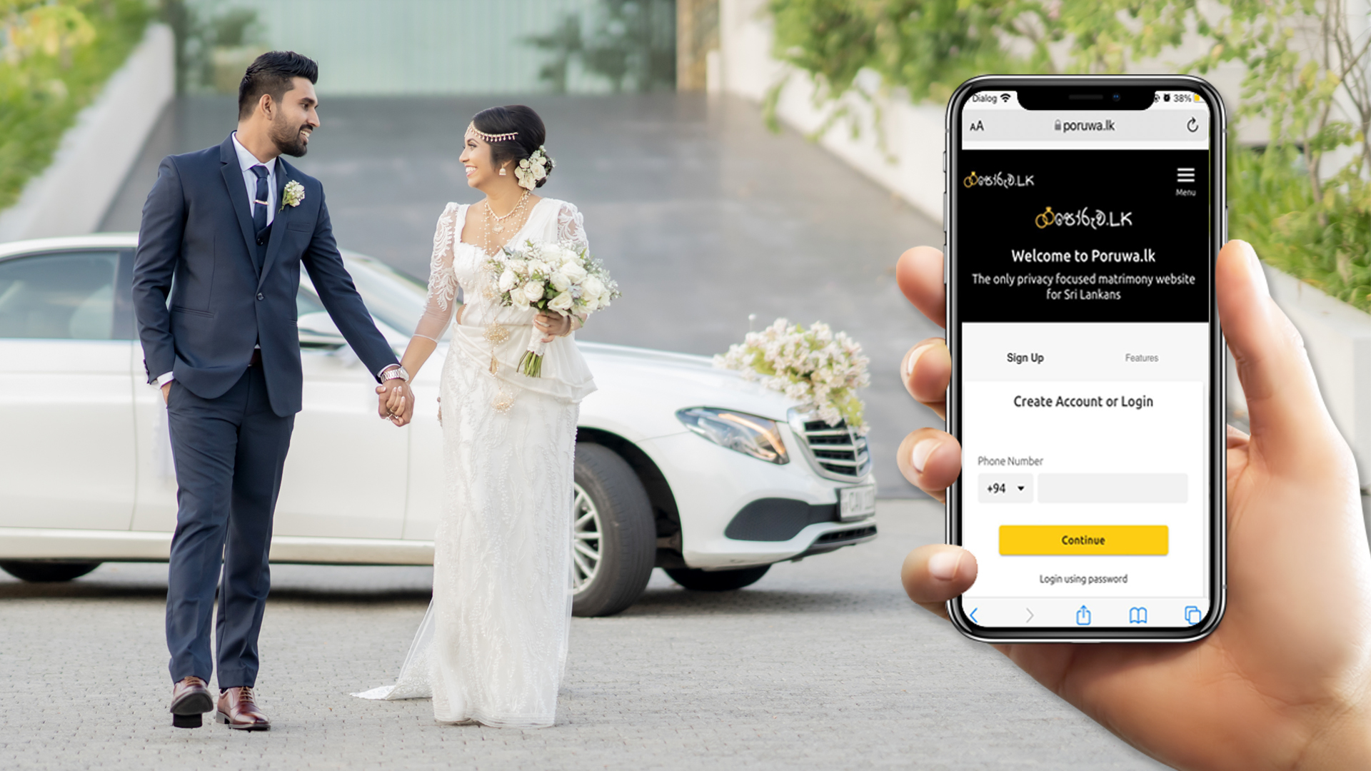 A joyful Sri Lankan couple stands happily in front of a car, celebrating their love with smiles and joy.