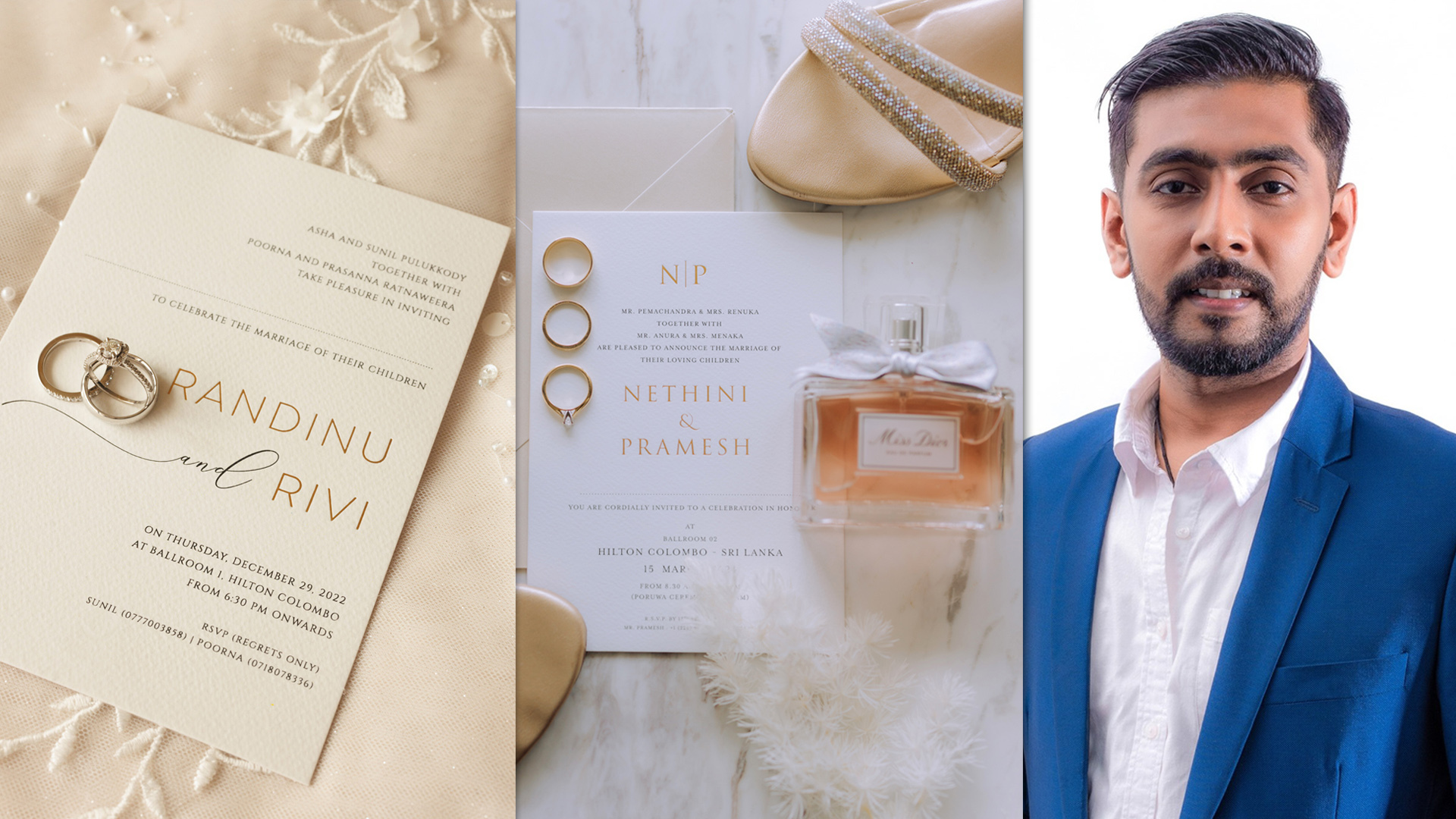 The owner of this business in formal attire with a wedding invitation, capturing the essence of a special celebration.