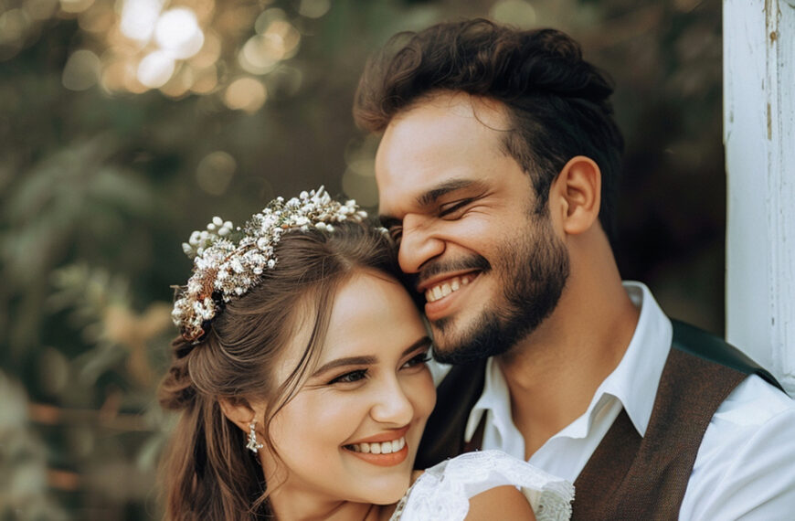 Couple in wedding attire with bride wearing a floral hair accessory.