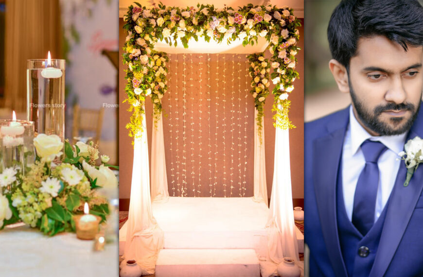 1. A man in a suit stands beside a woman in a wedding dress, both smiling joyfully at their wedding celebration.