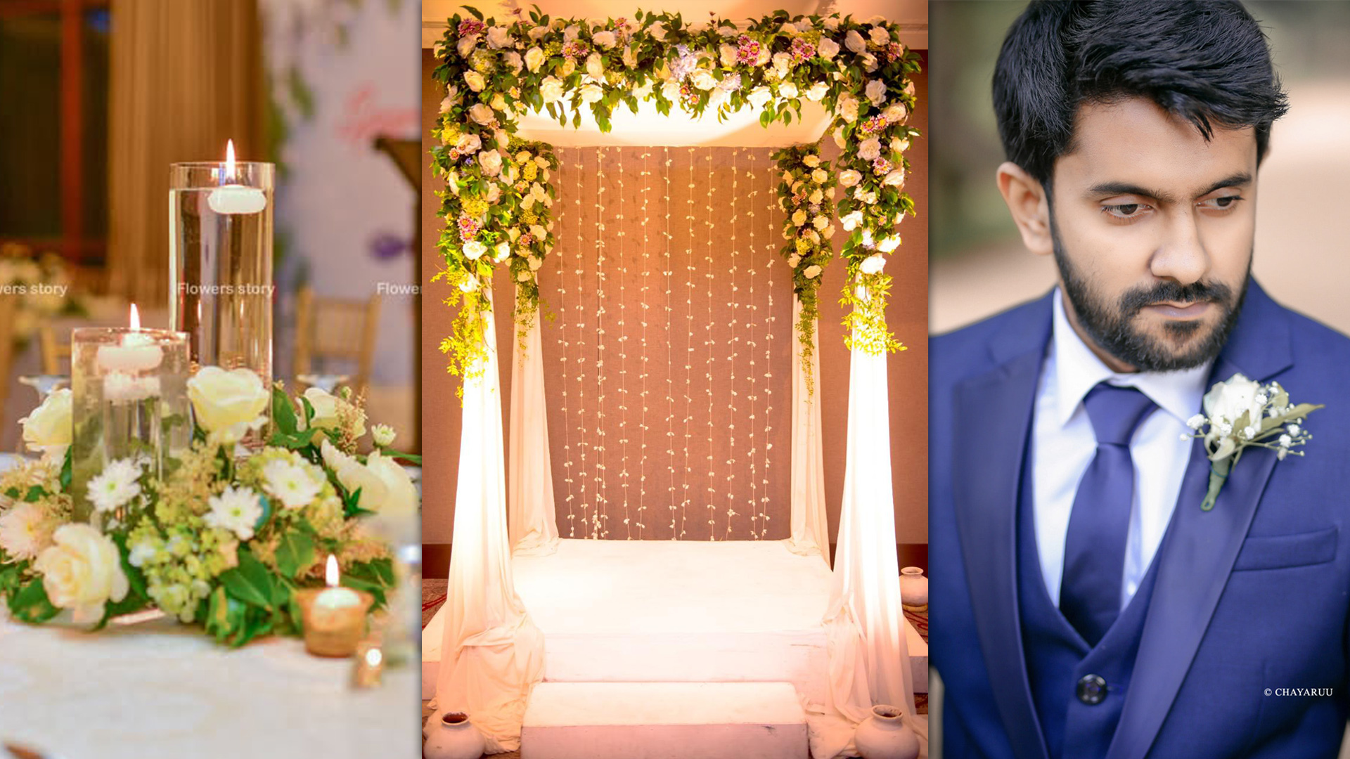 1. A man in a suit stands beside a woman in a wedding dress, both smiling joyfully at their wedding celebration.