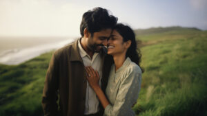 A man and woman embrace warmly, with the ocean waves gently crashing in the background.