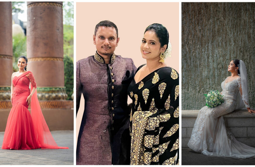 Three images: a woman in a red gown, a couple in traditional attire, and a bride in a white gown holding a bouquet.