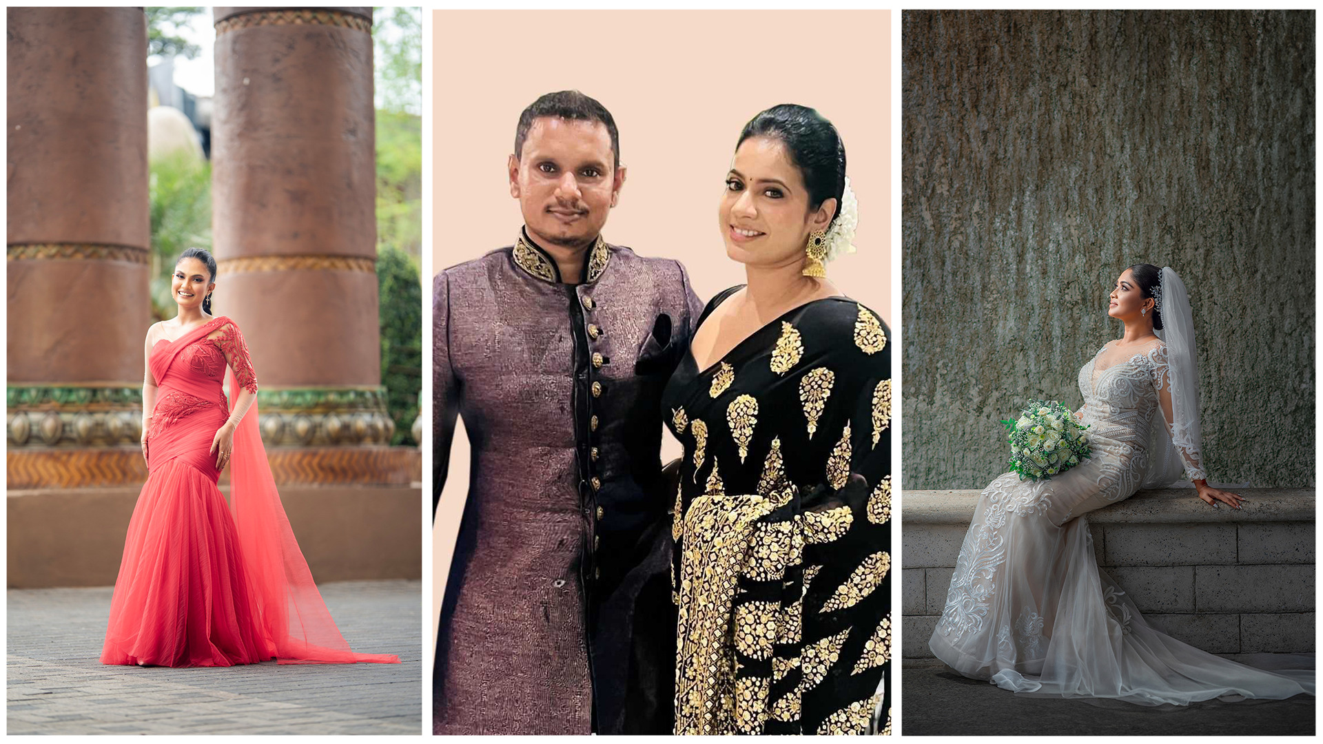 Three images: a woman in a red gown, a couple in traditional attire, and a bride in a white gown holding a bouquet.