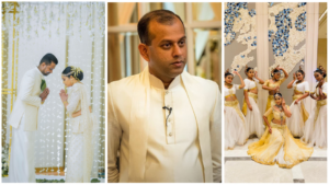 A collage featuring images of a man and woman dressed in white, showcasing various poses and expressions.