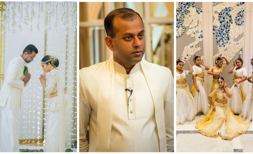 A collage featuring images of a man and woman dressed in white, showcasing various poses and expressions.