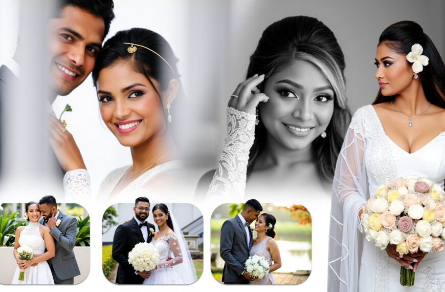 A collage featuring various images of a bride and groom celebrating their wedding day together.