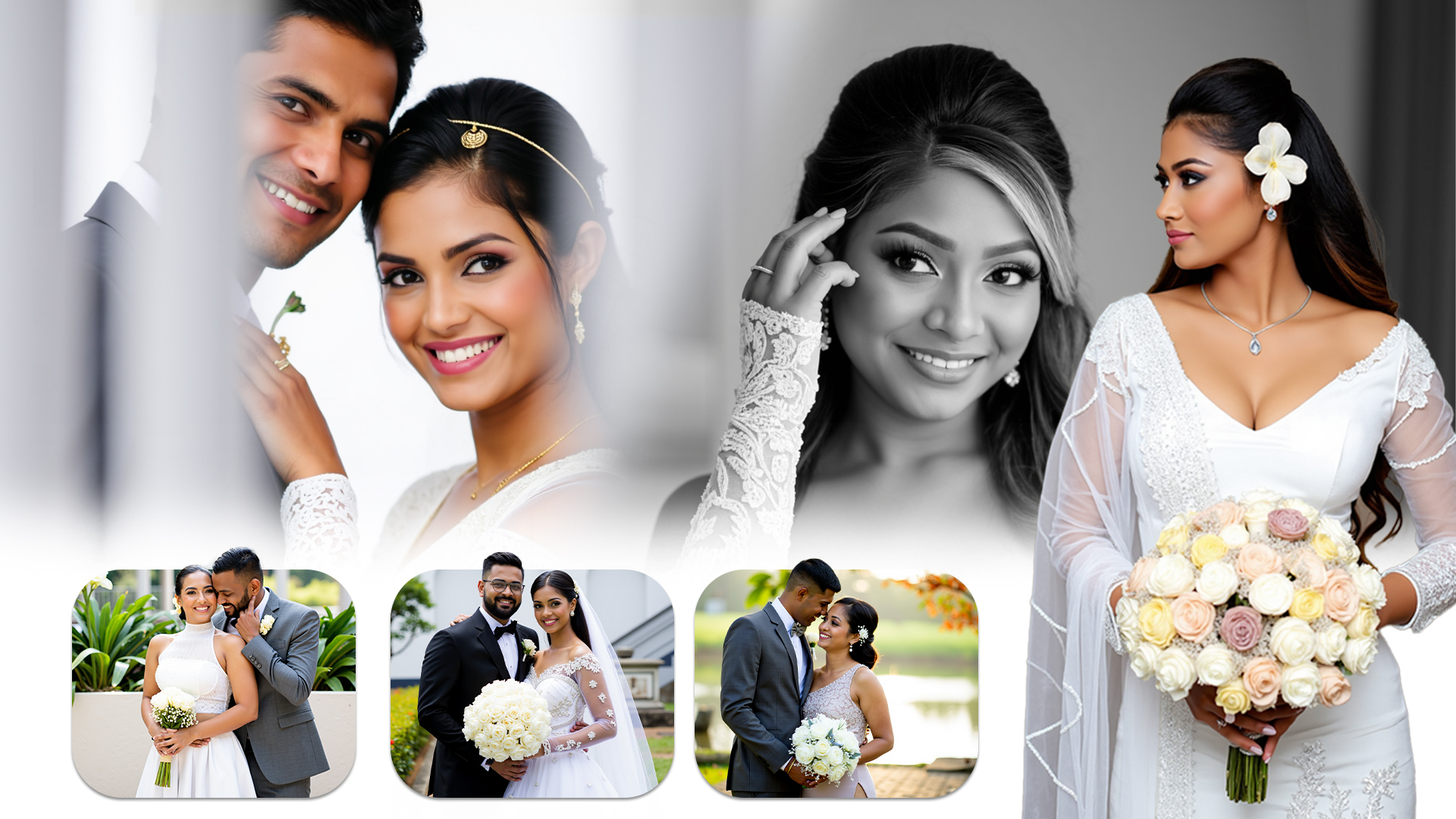 A collage featuring various images of a bride and groom celebrating their wedding day together.