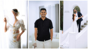 A man and woman in white wedding dresses stand beside a man in a suit, celebrating a wedding moment together.