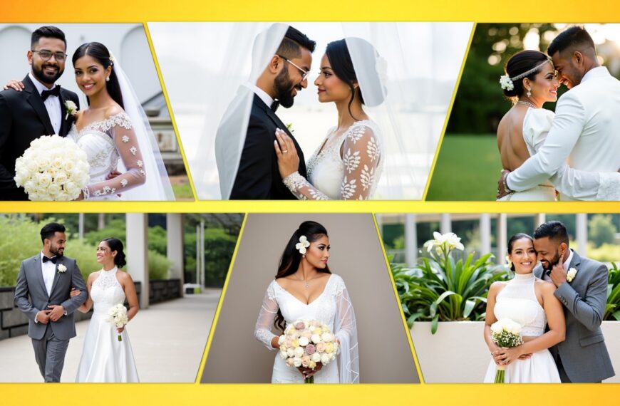 A collage of Sri Lankan wedding photos featuring the bride and groom in joyful moments, capturing love and celebration, highlighted on Poruwa.lk | ශ්‍රී ලාංකීය මංගල යෝජනා, Mangala Yojana, Sri Lanka matrimony, and top marriage proposals.