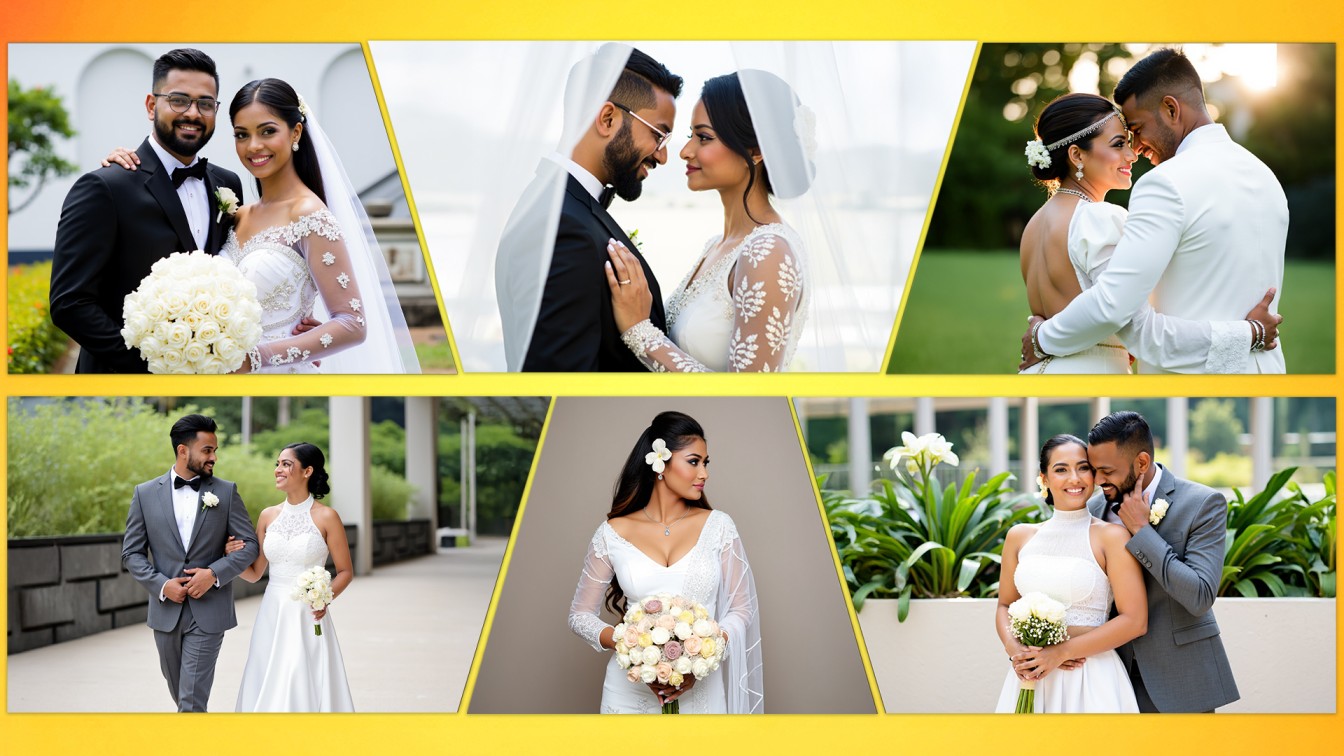 A collage of Sri Lankan wedding photos featuring the bride and groom in joyful moments, capturing love and celebration, highlighted on Poruwa.lk | ශ්‍රී ලාංකීය මංගල යෝජනා, Mangala Yojana, Sri Lanka matrimony, and top marriage proposals.