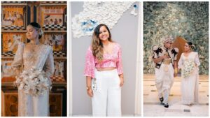 Four images showcasing different people wearing elegant wedding dresses in various styles and settings.