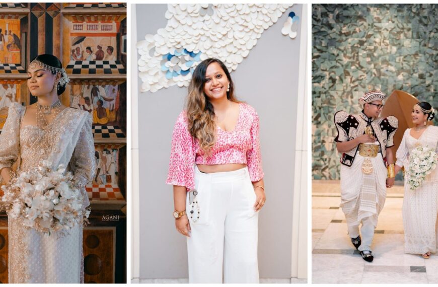 Four images showcasing different people wearing elegant wedding dresses in various styles and settings.