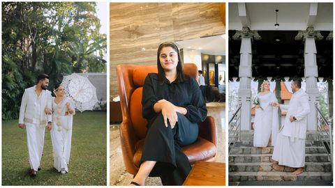 A collage of three images: a couple in white outfits walking outdoors, a woman in black seated indoors, and a couple in white traditional attire on stairs, reflecting moments of joy in SriLanka matrimony and matrimony Sri Lanka, celebrating marriage proposals Sri Lanka, and the elegance of a Poruwa ceremony.