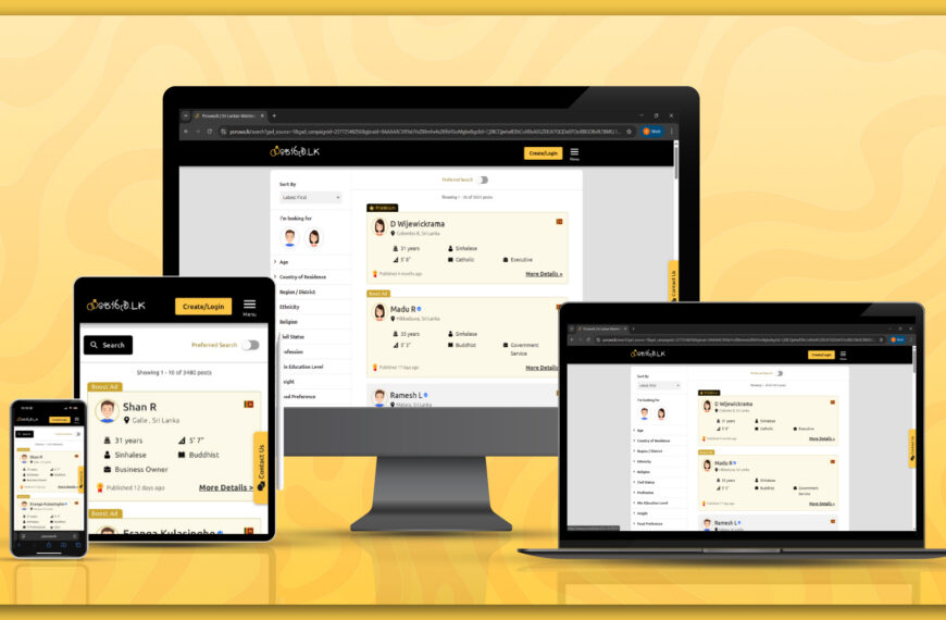 A computer, tablet, and phone all displaying the same app interface, showcasing cross-device compatibility, designed for SriLanka matrimony and matrimony Sri Lanka, helping users explore marriage proposals Sri Lanka, and plan a traditional Poruwa ceremony.