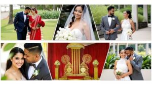 A collage of wedding photos showing a bride and groom in traditional and western attire, smiling and posing together, with a decorated wedding stage in the center, highlighting joy in SriLanka matrimony and matrimony Sri Lanka, commemorating marriage proposals Sri Lanka, and the beauty of a Poruwa ceremony.