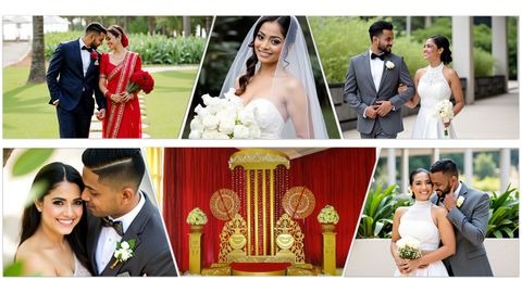 A collage of wedding photos showing a bride and groom in traditional and western attire, smiling and posing together, with a decorated wedding stage in the center, highlighting joy in SriLanka matrimony and matrimony Sri Lanka, commemorating marriage proposals Sri Lanka, and the beauty of a Poruwa ceremony.