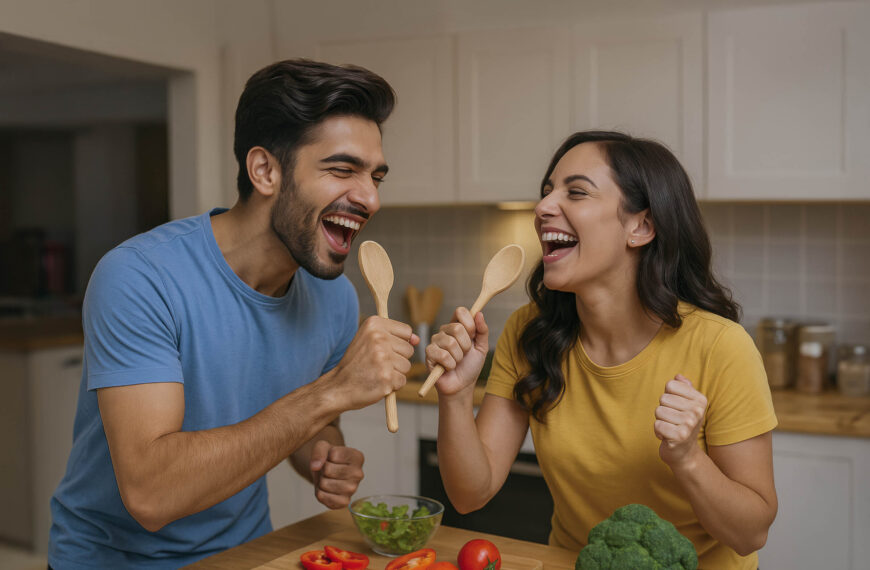 A couple joyfully laughing together while preparing and eating vegetables in a bright kitchen, reflecting happiness in SriLanka matrimony and matrimony Sri Lanka, enjoying moments connected to marriage proposals Sri Lanka, and celebrating traditions of a Poruwa ceremony.