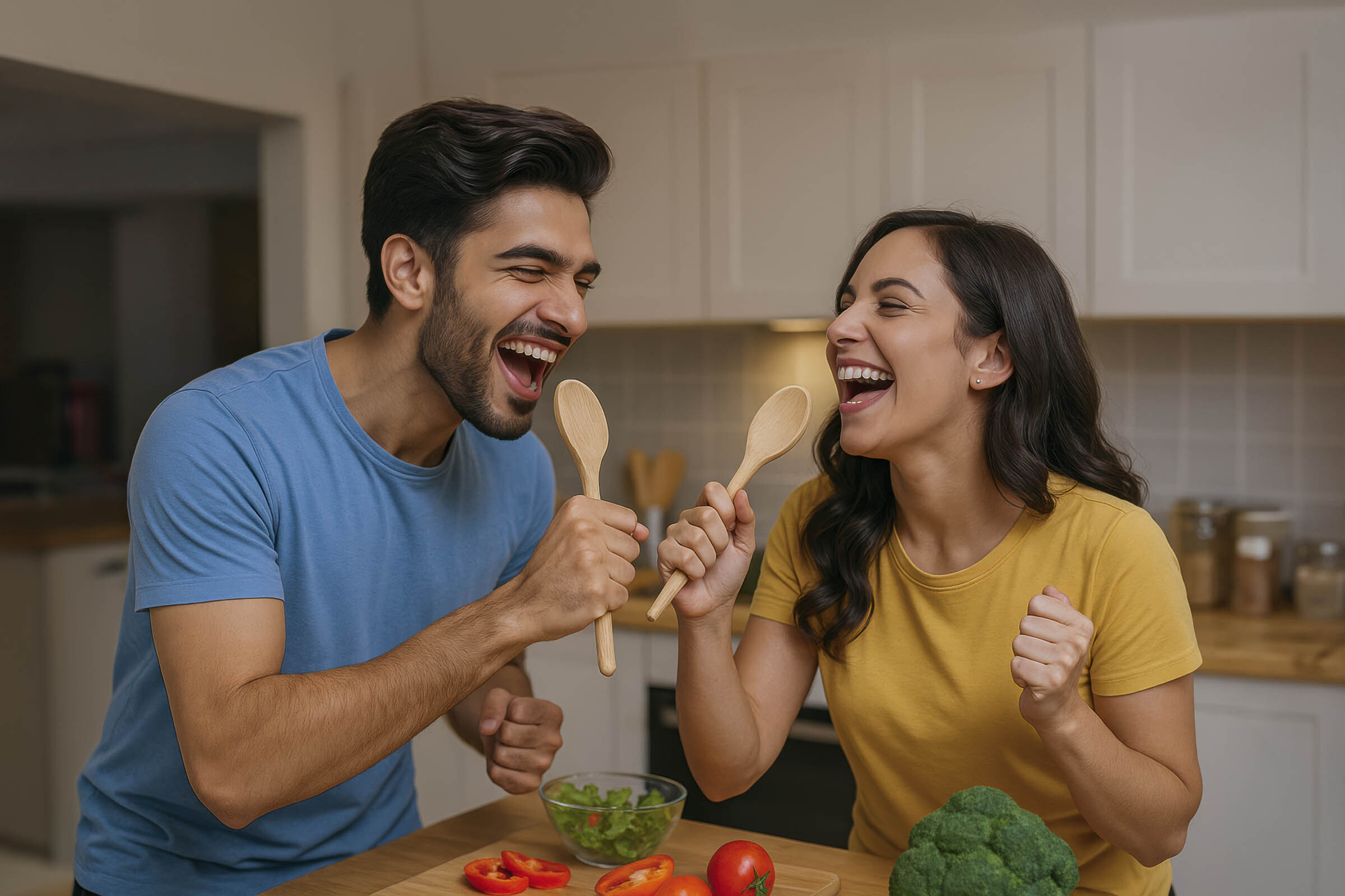 A couple joyfully laughing together while preparing and eating vegetables in a bright kitchen, reflecting happiness in SriLanka matrimony and matrimony Sri Lanka, enjoying moments connected to marriage proposals Sri Lanka, and celebrating traditions of a Poruwa ceremony.