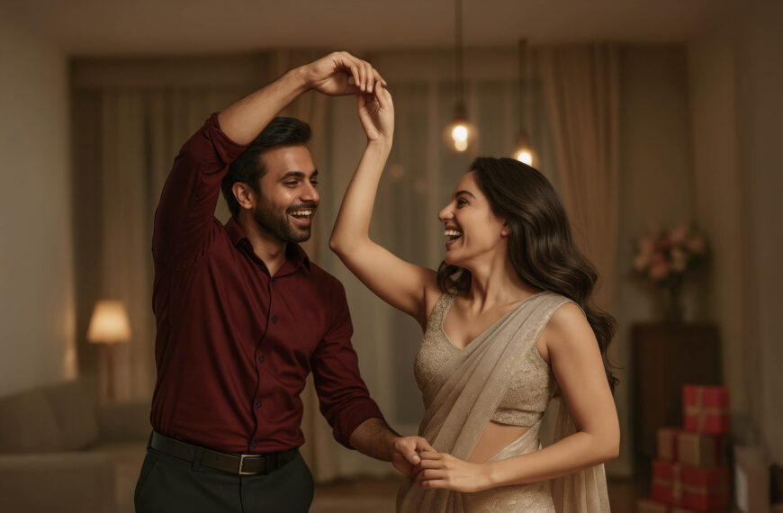 A man and woman joyfully dancing together in a cozy living room, surrounded by warm lighting and comfortable furniture, celebrating happiness in SriLanka matrimony and matrimony Sri Lanka, sharing moments related to marriage proposals Sri Lanka, and the festive spirit of a Poruwa ceremony.