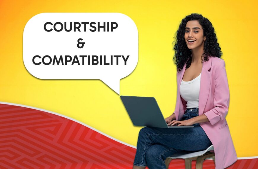 A woman in a pink blazer sits with a laptop, smiling, with a speech bubble reading "Courtship & Compatibility" against a yellow and red textured background, representing Poruwa.lk | ශ්‍රී ලාංකීය මංගල යෝජනා, SriLanka matrimony, matrimony Sri Lanka, exploring marriage proposals Sri Lanka, marriage proposals in Sri Lanka, and the traditions of a Poruwa ceremony.