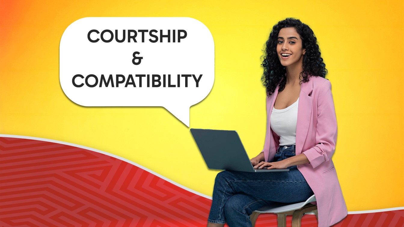 A woman in a pink blazer sits with a laptop, smiling, with a speech bubble reading "Courtship & Compatibility" against a yellow and red textured background, representing Poruwa.lk | ශ්රී ලාංකීය මංගල යෝජනා, SriLanka matrimony, matrimony Sri Lanka, exploring marriage proposals Sri Lanka, marriage proposals in Sri Lanka, and the traditions of a Poruwa ceremony.