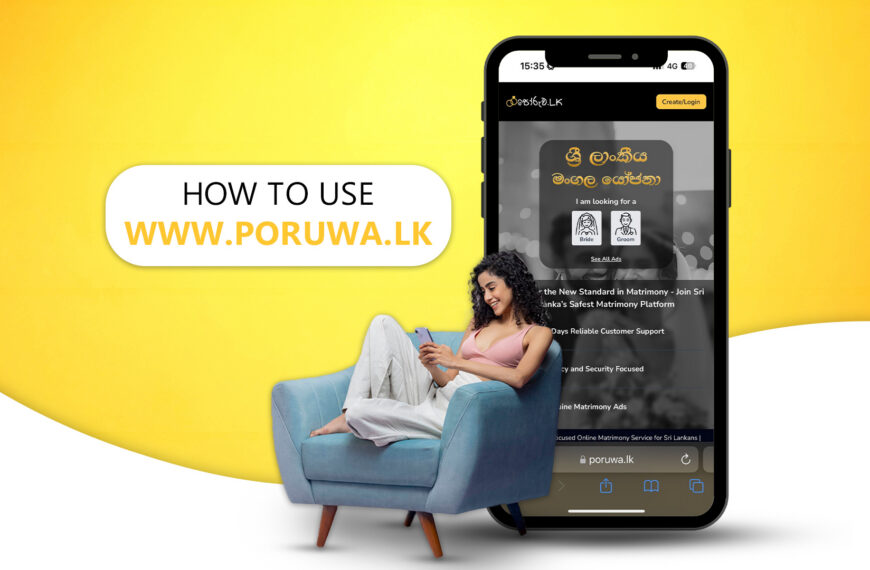 A woman relaxes on a blue armchair, smiling at her phone, with a nearby smartphone displaying the www.poruwa.lk website. A warm yellow background features a white speech bubble reading “How to use www.poruwa.lk,” representing SriLanka matrimony and matrimony Sri Lanka, while highlighting marriage proposals Sri Lanka and the cultural traditions linked to the Poruwa ceremony.