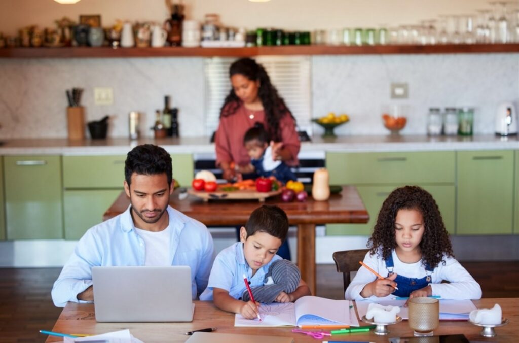 A Sri Lankan family gathered around a table with a laptop open and a child studying, representing family bonding, support, and a happy married life after successful marriage proposals Sri Lanka. A meaningful moment for couples finding connections through mangala yojana, Poruwa.lk | ශ්‍රී ලාංකීය මංගල යෝජනා, a trusted wedding proposal website offering matrimony Sri Lanka, srilanka matrimony, lanka brides and grooms, buddhist matrimony, catholic marriage proposals, and liyathabara marriage proposals in Sri Lanka.