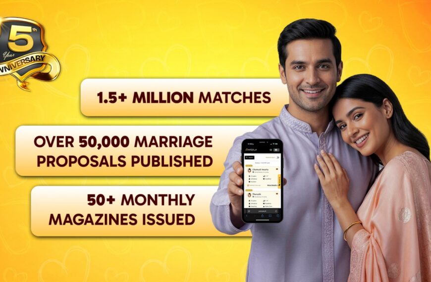 A smiling couple stands against a gradient yellow-orange background celebrating a matrimonial app’s 5th anniversary. Text highlights 1.5+ million matches, over 50,000 proposals, and 50+ magazines. The man holds a smartphone showing the app interface.