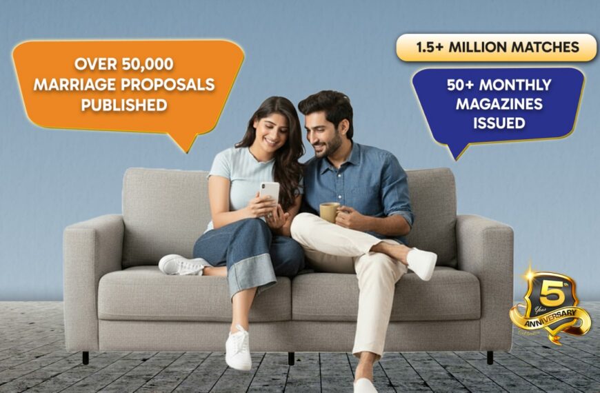 A couple sits on a sofa smiling at a phone, with speech bubbles showing “Over 50,000 Marriage Proposals” and “1.5+ Million Matches,” plus a 5th Anniversary badge. This highlights SriLanka matrimony and LankaMatrimony services on Poruwa.lk | ශ්‍රී ලාංකීය මංගල යෝජනා, helping users find Lanka brides and grooms, Liyathabara marriage proposal options, Catholic marriage proposals, Hitad marriage proposals, and Poruwa ceremony guidance.