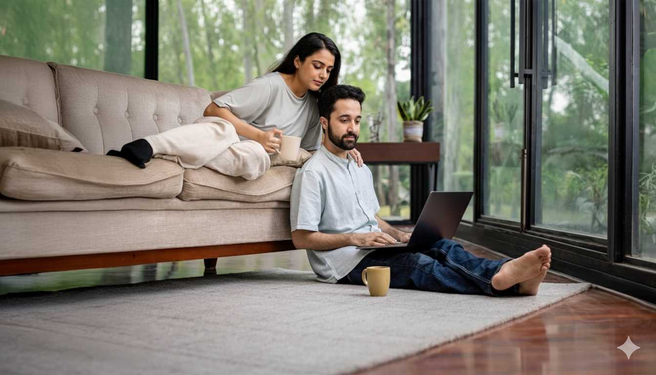 A man and woman are seated on the floor, engaged with a laptop between them.