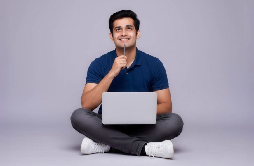 A man sits cross-legged on the floor with a laptop on his lap, smiling thoughtfully while holding a pen to his chin, representing productivity and focus in SriLanka matrimony and matrimony Sri Lanka, while exploring marriage proposals Sri Lanka and planning a traditional Poruwa ceremony.