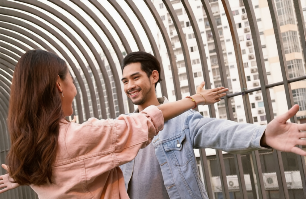 A man and woman standing together in front of a modern building, smiling and engaged in a friendly conversation, symbolizing communication, trust, compatibility, and the beginning of a meaningful relationship. The image reflects modern matchmaking through a trusted wedding proposal website and mangala yojana services. It represents marriage proposal Sri Lanka, marriage proposals in Sri Lanka, marriage proposals Sri Lanka, marriage proposals, matrimony Sri Lanka, and srilanka matrimony. The concept also highlights Poruwa.lk | ශ්‍රී ලාංකීය මංගල යෝජනා, where lanka brides and grooms can find genuine and compatible life partners while embracing the traditions of the poruwa ceremony. It also includes matchmaking platforms such as lankamatrimony, liyathabara marriage proposal, liyathabara marriage proposals in Sri Lanka, catholic marriage proposals, buddhist matrimony, hitad marriage proposals, and purahanda lk for those seeking lifelong relationships.