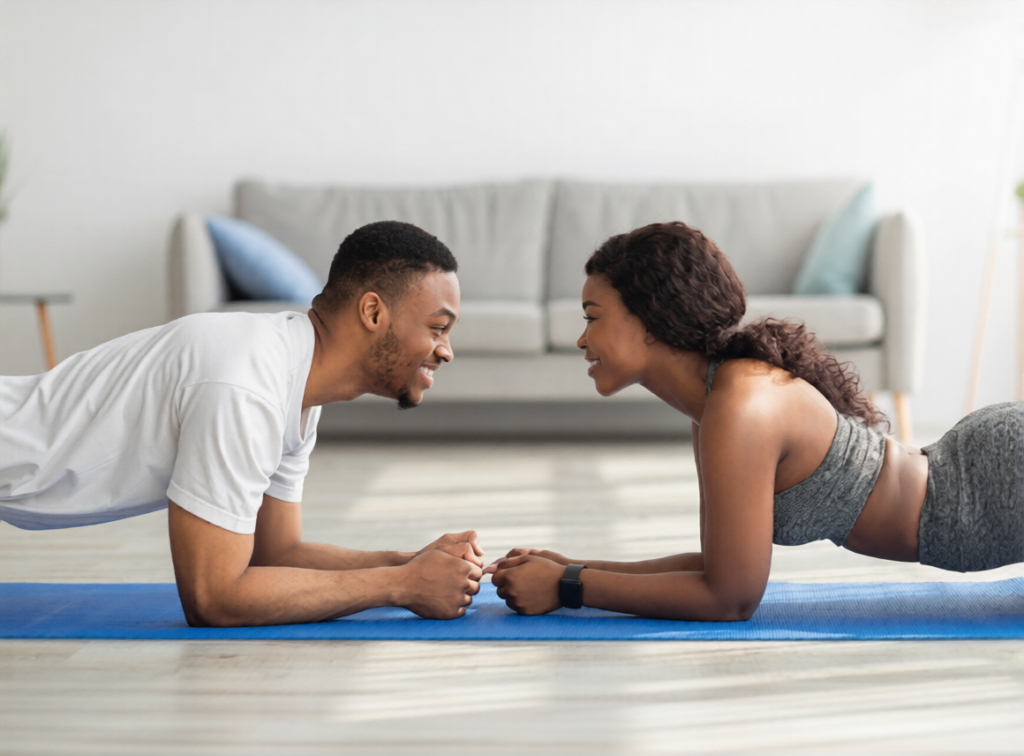 A Sri Lankan couple performing push-ups together on a fitness mat in a gym, representing a healthy lifestyle and strong relationship goals for couples exploring marriage proposals Sri Lanka, mangala yojana, and matrimony Sri Lanka through Poruwa.lk | ශ්‍රී ලාංකීය මංගල යෝජනා. Supporting lanka brides and grooms seeking meaningful connections through a trusted wedding proposal website, srilanka matrimony, buddhist matrimony, catholic marriage proposals, and liyathabara marriage proposals in Sri Lanka.