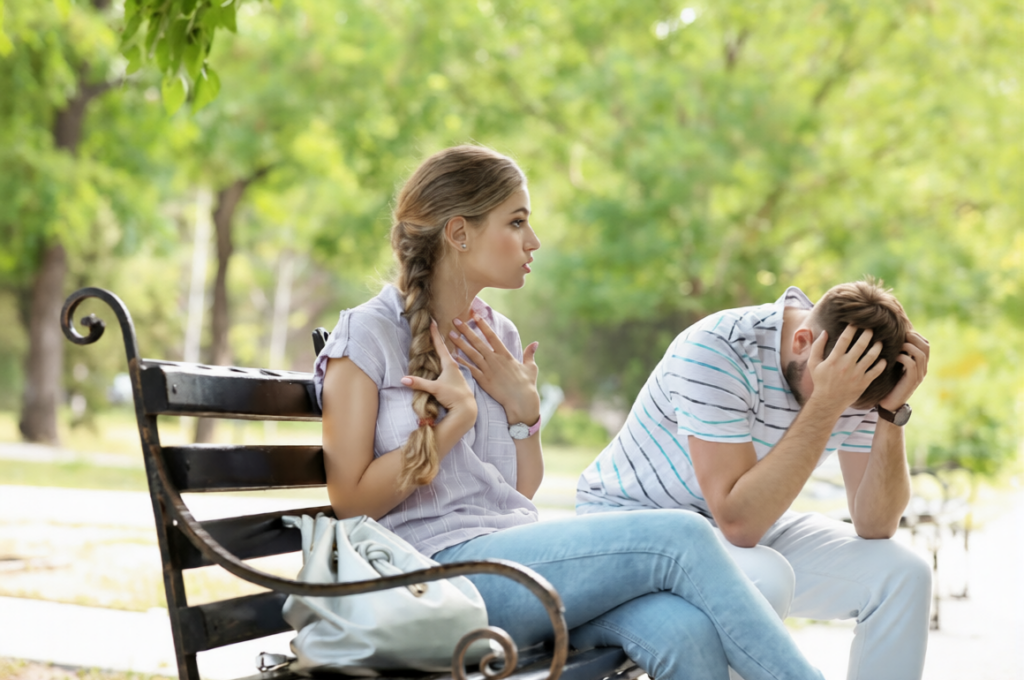 A man and woman sitting together on a park bench surrounded by lush greenery and trees, enjoying a sunny day while sharing a meaningful conversation, symbolizing love, companionship, trust, and emotional connection. The image reflects couples building lasting relationships through a trusted wedding proposal website and mangala yojana services. It represents marriage proposal Sri Lanka, marriage proposals in Sri Lanka, marriage proposals Sri Lanka, marriage proposals, matrimony Sri Lanka, and srilanka matrimony. The concept also highlights Poruwa.lk | ශ්‍රී ලාංකීය මංගල යෝජනා, where lanka brides and grooms can find genuine and compatible life partners while honoring the traditions of the poruwa ceremony. It also includes lankamatrimony, liyathabara marriage proposal, liyathabara marriage proposals in Sri Lanka, catholic marriage proposals, buddhist matrimony, hitad marriage proposals, and purahanda lk for those seeking lifelong, meaningful relationships.