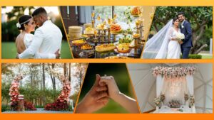 A collage of wedding scenes including a couple posing, a food display, an outdoor floral arch, hands clasped, and a decorated floral altar.