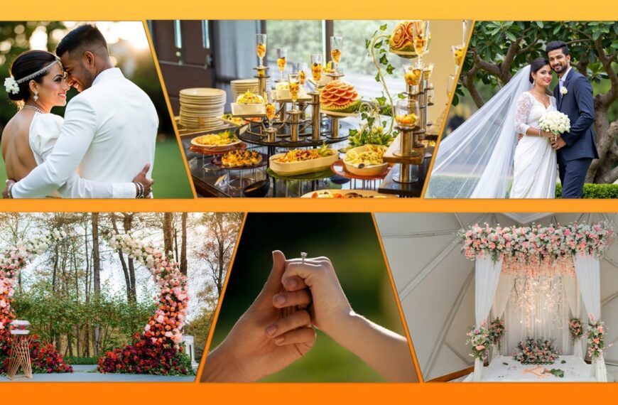 A collage of wedding scenes including a couple posing, a food display, an outdoor floral arch, hands clasped, and a decorated floral altar.