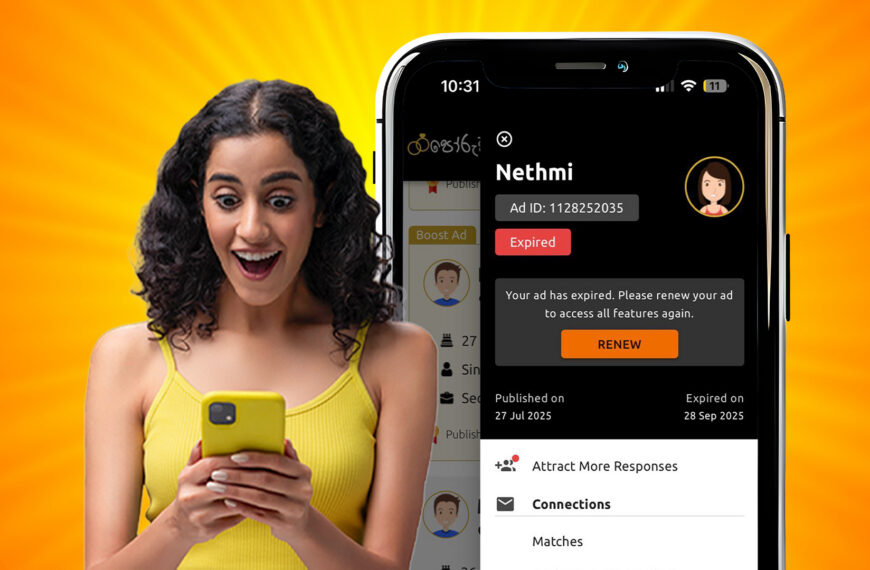 A woman excitedly looks at her phone against a vibrant orange background while a smartphone screen shows an expired ad notification on Poruwa.lk | ශ්‍රී ලාංකීය මංගල යෝජනා, a leading wedding proposal website for marriage proposals in Sri Lanka, matrimony Sri Lanka, srilanka matrimony, Poruwa ceremony, Liyathabara, Catholic, and Buddhist marriage proposals, helping Lanka brides and grooms connect through LankaMatrimony, Purahanda LK, and Hitad marriage proposals.
