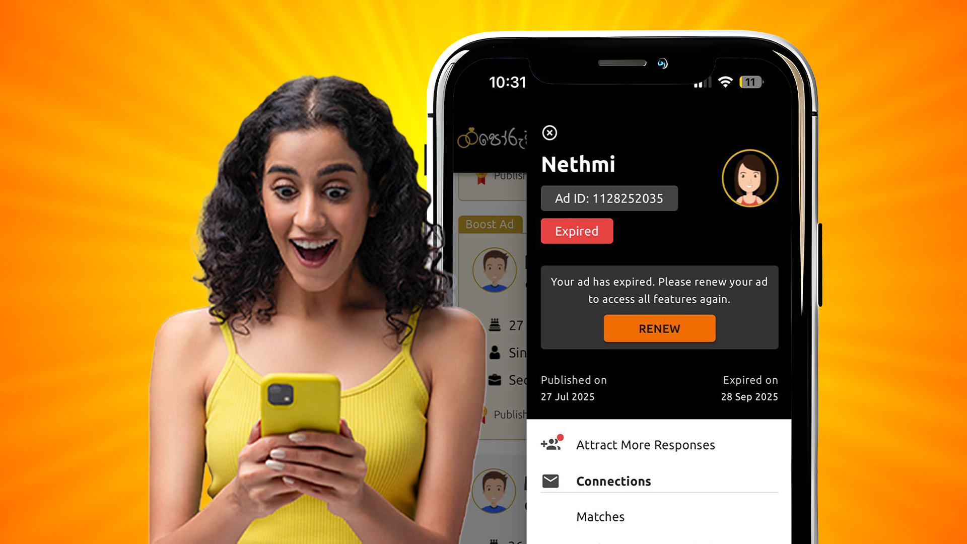 A woman excitedly looks at her phone against a vibrant orange background while a smartphone screen shows an expired ad notification on Poruwa.lk | ශ්රී ලාංකීය මංගල යෝජනා, a leading wedding proposal website for marriage proposals in Sri Lanka, matrimony Sri Lanka, srilanka matrimony, Poruwa ceremony, Liyathabara, Catholic, and Buddhist marriage proposals, helping Lanka brides and grooms connect through LankaMatrimony, Purahanda LK, and Hitad marriage proposals.