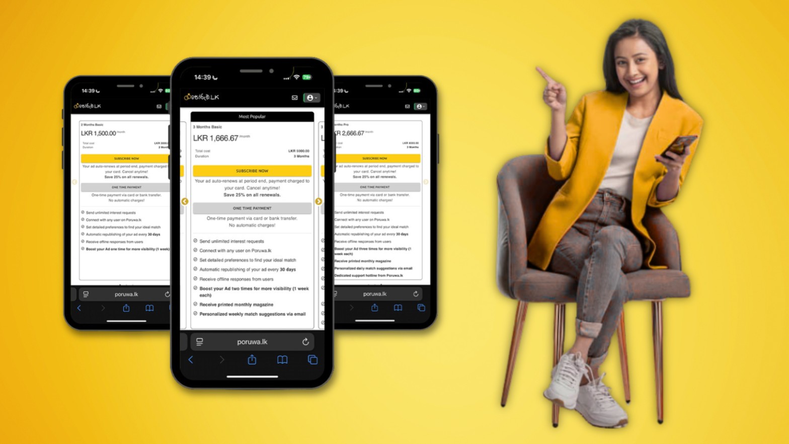 A woman sits comfortably on a chair, smiling as she holds her smartphone against a bright yellow background, capturing a moment of excitement and anticipation while browsing a marriage proposal website.