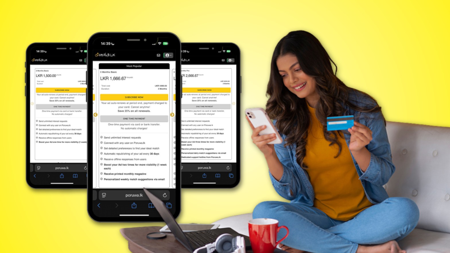 A woman sitting on a couch using her laptop while holding her phone, exploring Sri Lankan matrimony, marriage proposals in Sri Lanka, Mangala Yojana services, and trusted wedding proposal websites like Poruwa.lk | ශ්‍රී ලාංකීය මංගල යෝජනා for safe and genuine marriage proposals and Sri Lankan brides.